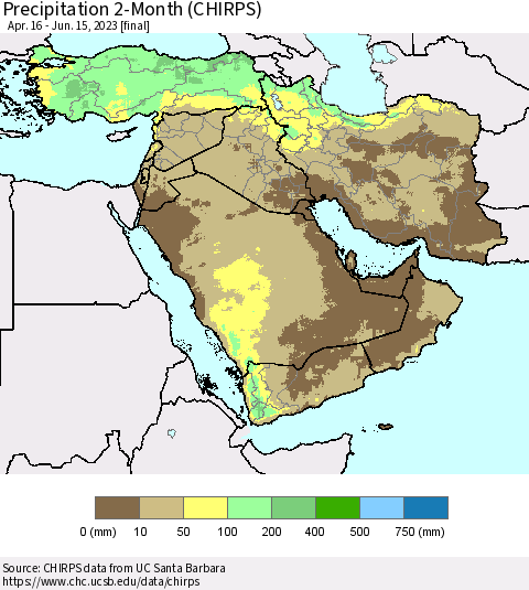 Middle East and Turkey Precipitation 2-Month (CHIRPS) Thematic Map For 4/16/2023 - 6/15/2023