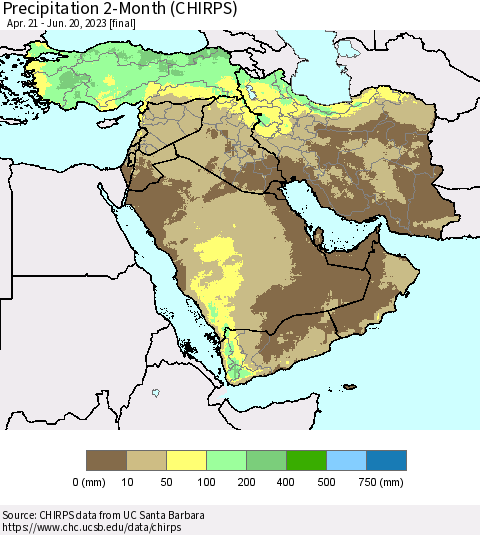 Middle East and Turkey Precipitation 2-Month (CHIRPS) Thematic Map For 4/21/2023 - 6/20/2023
