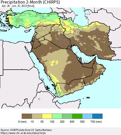 Middle East and Turkey Precipitation 2-Month (CHIRPS) Thematic Map For 4/26/2023 - 6/25/2023