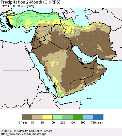 Middle East and Turkey Precipitation 2-Month (CHIRPS) Thematic Map For 5/1/2023 - 6/30/2023