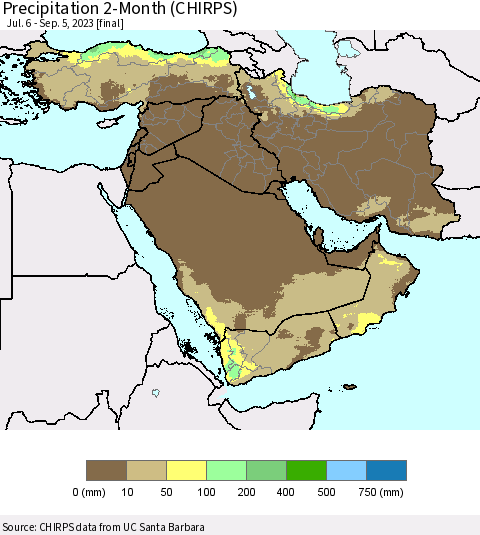Middle East and Turkey Precipitation 2-Month (CHIRPS) Thematic Map For 7/6/2023 - 9/5/2023