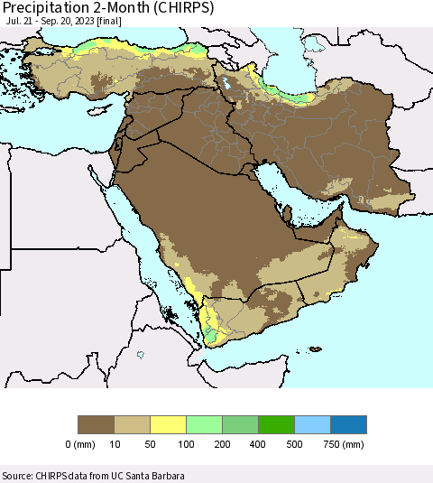 Middle East and Turkey Precipitation 2-Month (CHIRPS) Thematic Map For 7/21/2023 - 9/20/2023