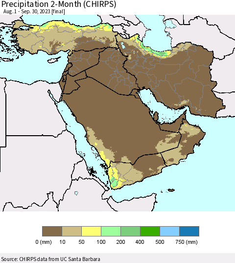 Middle East and Turkey Precipitation 2-Month (CHIRPS) Thematic Map For 8/1/2023 - 9/30/2023