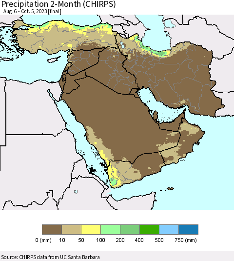 Middle East and Turkey Precipitation 2-Month (CHIRPS) Thematic Map For 8/6/2023 - 10/5/2023