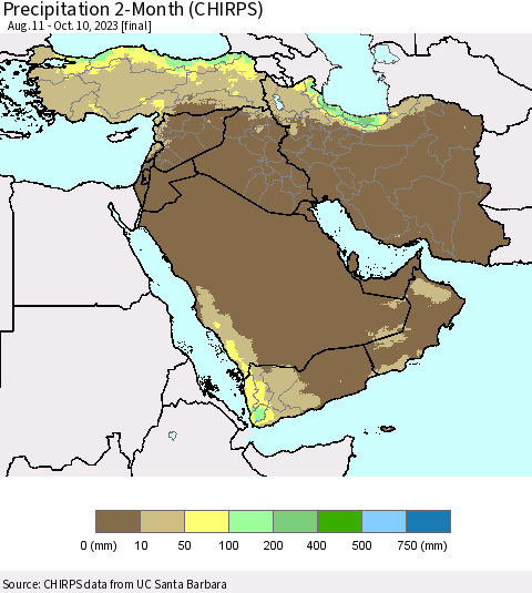 Middle East and Turkey Precipitation 2-Month (CHIRPS) Thematic Map For 8/11/2023 - 10/10/2023