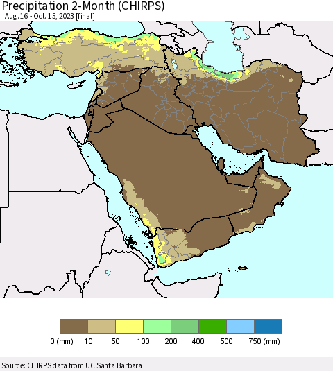 Middle East and Turkey Precipitation 2-Month (CHIRPS) Thematic Map For 8/16/2023 - 10/15/2023
