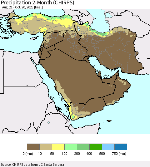 Middle East and Turkey Precipitation 2-Month (CHIRPS) Thematic Map For 8/21/2023 - 10/20/2023