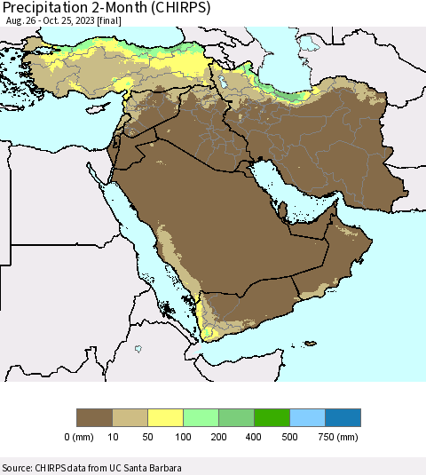 Middle East and Turkey Precipitation 2-Month (CHIRPS) Thematic Map For 8/26/2023 - 10/25/2023