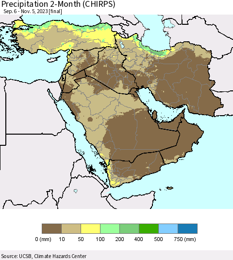 Middle East and Turkey Precipitation 2-Month (CHIRPS) Thematic Map For 9/6/2023 - 11/5/2023