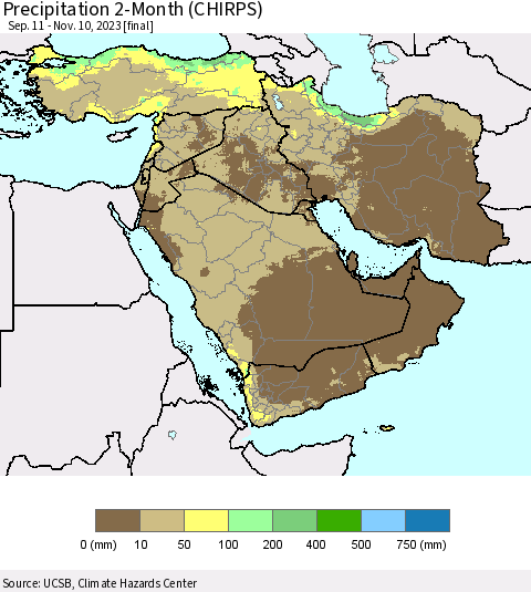 Middle East and Turkey Precipitation 2-Month (CHIRPS) Thematic Map For 9/11/2023 - 11/10/2023