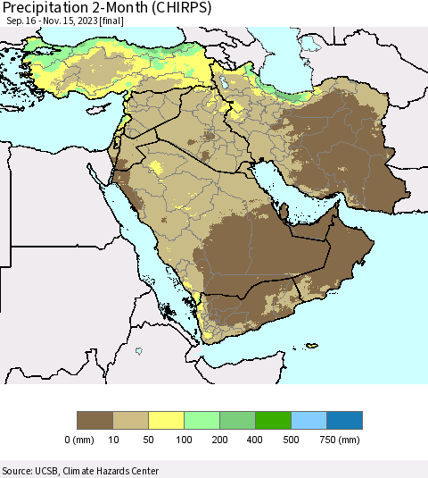 Middle East and Turkey Precipitation 2-Month (CHIRPS) Thematic Map For 9/16/2023 - 11/15/2023
