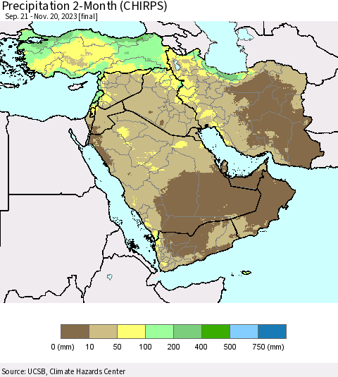 Middle East and Turkey Precipitation 2-Month (CHIRPS) Thematic Map For 9/21/2023 - 11/20/2023