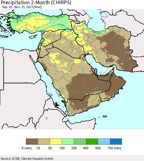 Middle East and Turkey Precipitation 2-Month (CHIRPS) Thematic Map For 9/26/2023 - 11/25/2023