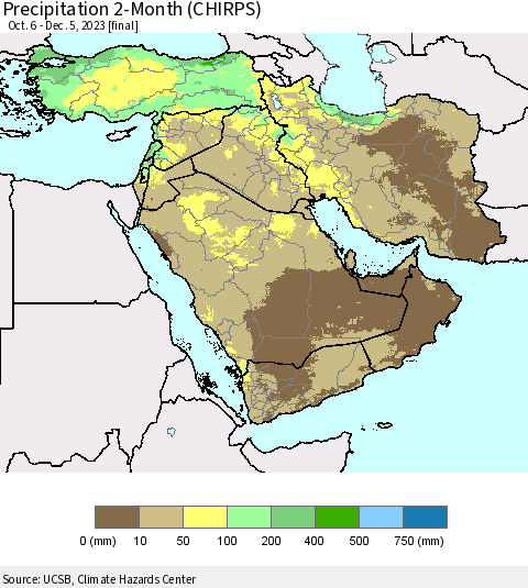 Middle East and Turkey Precipitation 2-Month (CHIRPS) Thematic Map For 10/6/2023 - 12/5/2023