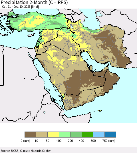Middle East and Turkey Precipitation 2-Month (CHIRPS) Thematic Map For 10/11/2023 - 12/10/2023