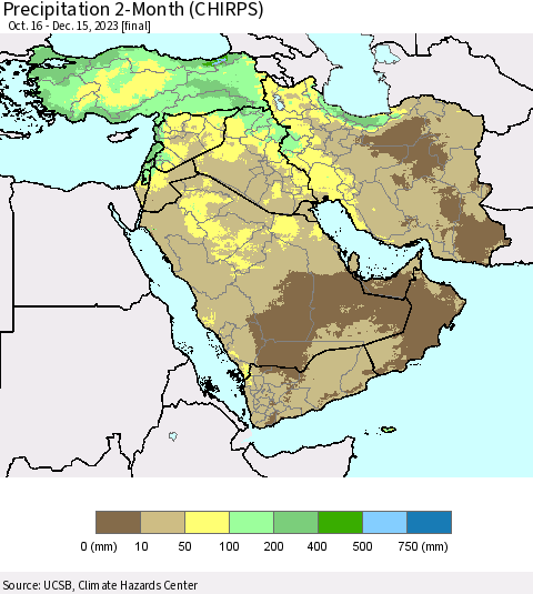 Middle East and Turkey Precipitation 2-Month (CHIRPS) Thematic Map For 10/16/2023 - 12/15/2023