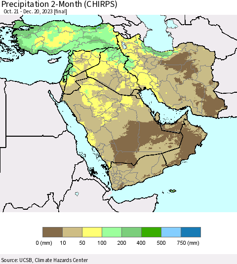 Middle East and Turkey Precipitation 2-Month (CHIRPS) Thematic Map For 10/21/2023 - 12/20/2023