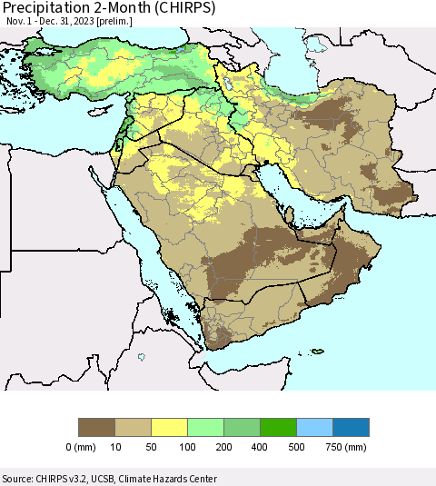 Middle East and Turkey Precipitation 2-Month (CHIRPS) Thematic Map For 11/1/2023 - 12/31/2023