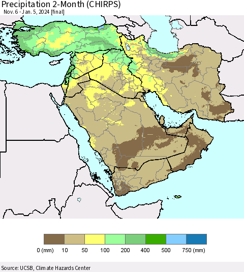 Middle East and Turkey Precipitation 2-Month (CHIRPS) Thematic Map For 11/6/2023 - 1/5/2024