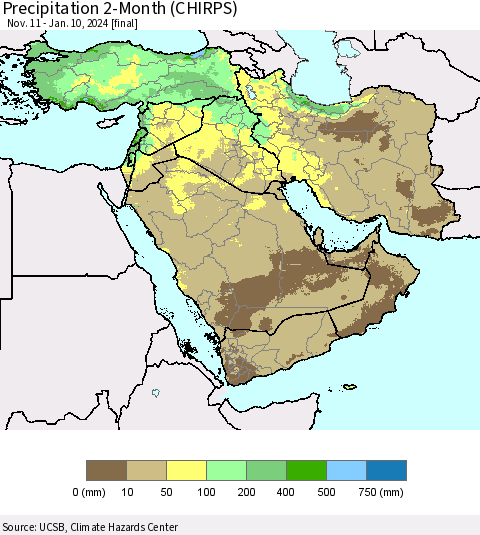 Middle East and Turkey Precipitation 2-Month (CHIRPS) Thematic Map For 11/11/2023 - 1/10/2024