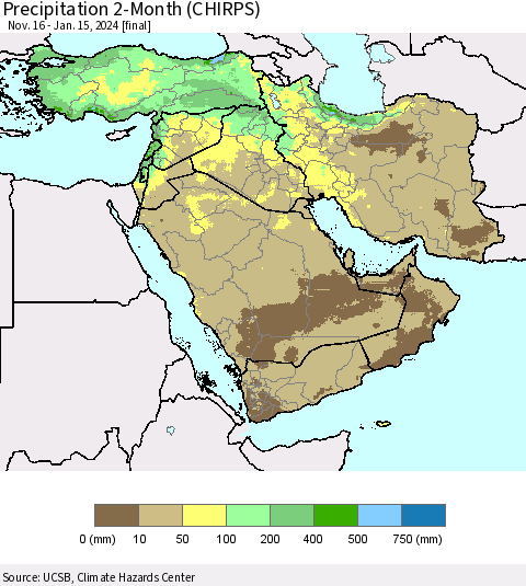 Middle East and Turkey Precipitation 2-Month (CHIRPS) Thematic Map For 11/16/2023 - 1/15/2024
