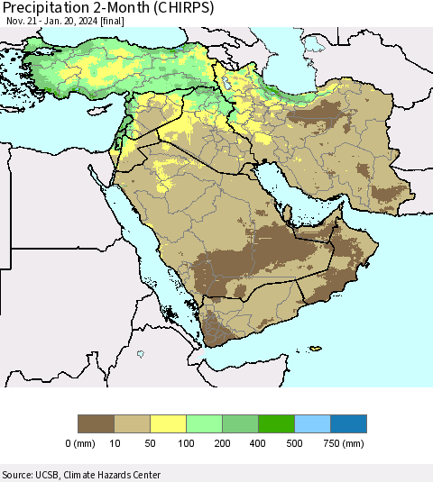 Middle East and Turkey Precipitation 2-Month (CHIRPS) Thematic Map For 11/21/2023 - 1/20/2024