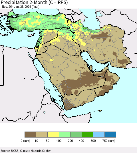 Middle East and Turkey Precipitation 2-Month (CHIRPS) Thematic Map For 11/26/2023 - 1/25/2024