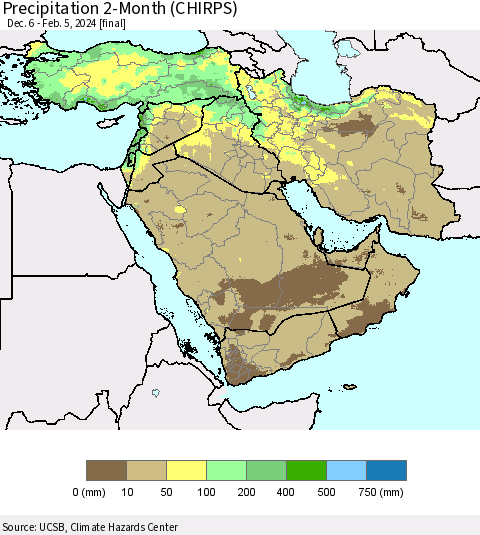 Middle East and Turkey Precipitation 2-Month (CHIRPS) Thematic Map For 12/6/2023 - 2/5/2024