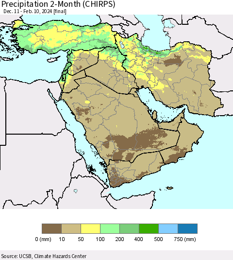 Middle East and Turkey Precipitation 2-Month (CHIRPS) Thematic Map For 12/11/2023 - 2/10/2024