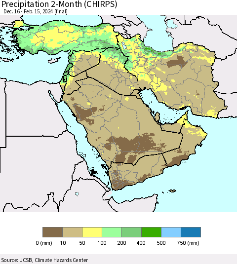 Middle East and Turkey Precipitation 2-Month (CHIRPS) Thematic Map For 12/16/2023 - 2/15/2024