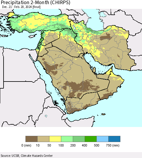 Middle East and Turkey Precipitation 2-Month (CHIRPS) Thematic Map For 12/21/2023 - 2/20/2024