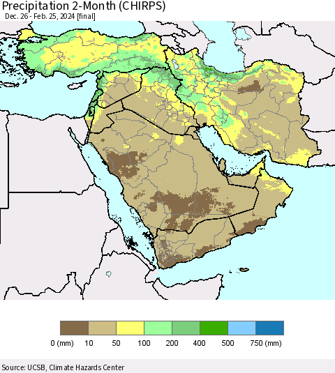 Middle East and Turkey Precipitation 2-Month (CHIRPS) Thematic Map For 12/26/2023 - 2/25/2024