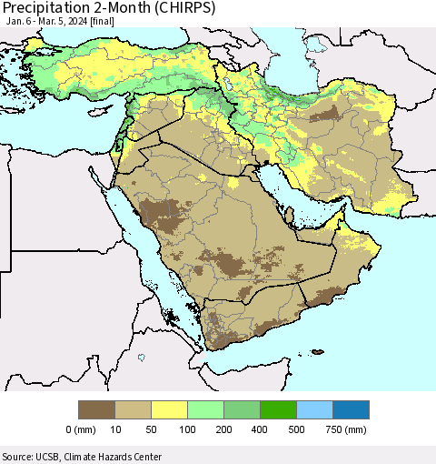 Middle East and Turkey Precipitation 2-Month (CHIRPS) Thematic Map For 1/6/2024 - 3/5/2024