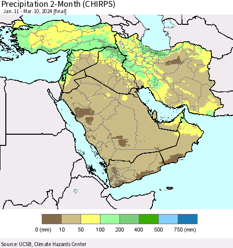 Middle East and Turkey Precipitation 2-Month (CHIRPS) Thematic Map For 1/11/2024 - 3/10/2024