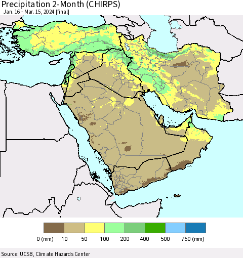 Middle East and Turkey Precipitation 2-Month (CHIRPS) Thematic Map For 1/16/2024 - 3/15/2024