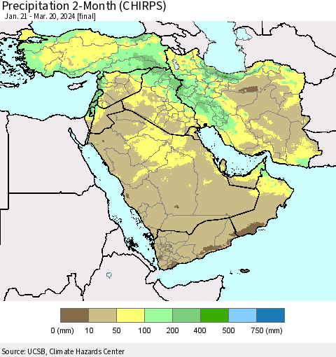 Middle East and Turkey Precipitation 2-Month (CHIRPS) Thematic Map For 1/21/2024 - 3/20/2024