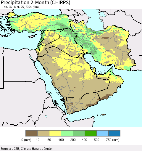 Middle East and Turkey Precipitation 2-Month (CHIRPS) Thematic Map For 1/26/2024 - 3/25/2024