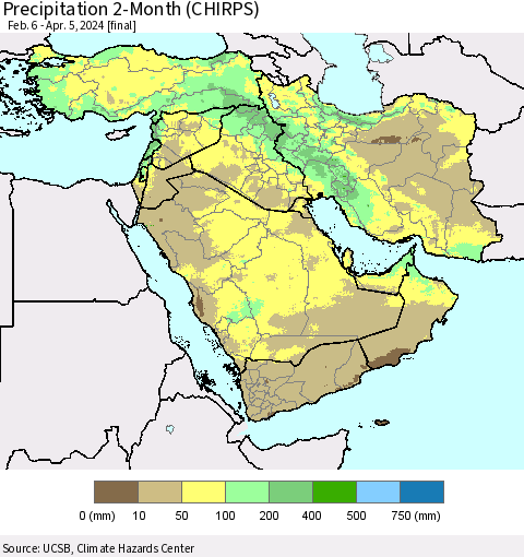 Middle East and Turkey Precipitation 2-Month (CHIRPS) Thematic Map For 2/6/2024 - 4/5/2024