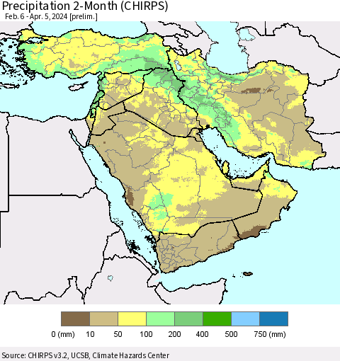 Middle East and Turkey Precipitation 2-Month (CHIRPS) Thematic Map For 2/6/2024 - 4/5/2024