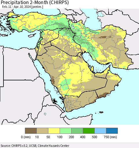 Middle East and Turkey Precipitation 2-Month (CHIRPS) Thematic Map For 2/11/2024 - 4/10/2024