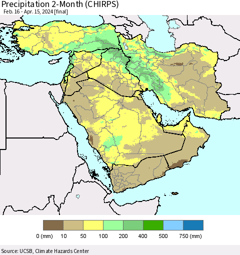 Middle East and Turkey Precipitation 2-Month (CHIRPS) Thematic Map For 2/16/2024 - 4/15/2024