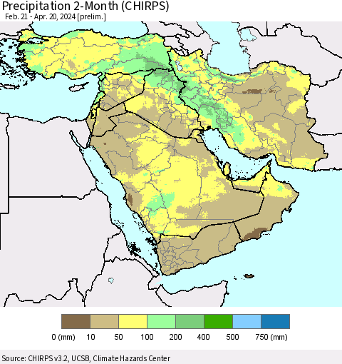Middle East and Turkey Precipitation 2-Month (CHIRPS) Thematic Map For 2/21/2024 - 4/20/2024
