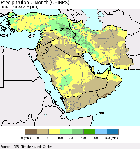 Middle East and Turkey Precipitation 2-Month (CHIRPS) Thematic Map For 3/1/2024 - 4/30/2024