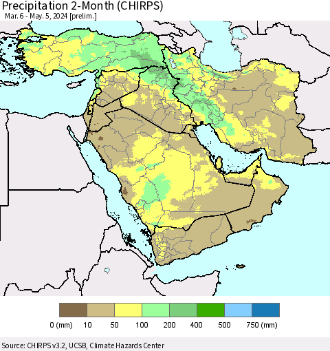 Middle East and Turkey Precipitation 2-Month (CHIRPS) Thematic Map For 3/6/2024 - 5/5/2024