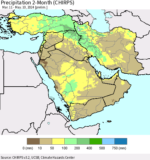 Middle East and Turkey Precipitation 2-Month (CHIRPS) Thematic Map For 3/11/2024 - 5/10/2024
