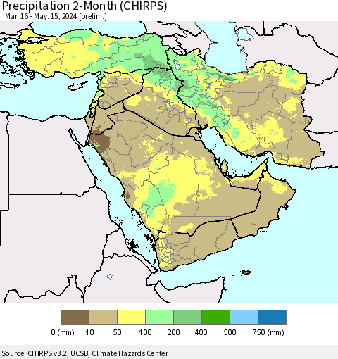 Middle East and Turkey Precipitation 2-Month (CHIRPS) Thematic Map For 3/16/2024 - 5/15/2024