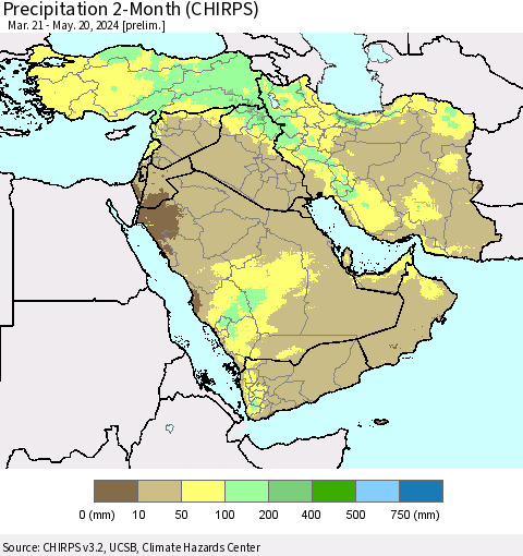 Middle East and Turkey Precipitation 2-Month (CHIRPS) Thematic Map For 3/21/2024 - 5/20/2024