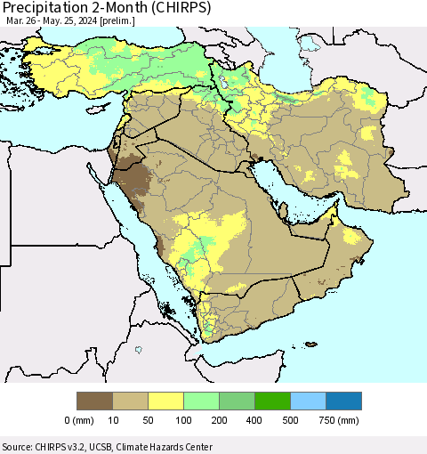 Middle East and Turkey Precipitation 2-Month (CHIRPS) Thematic Map For 3/26/2024 - 5/25/2024
