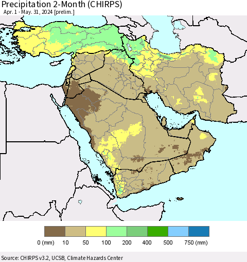 Middle East and Turkey Precipitation 2-Month (CHIRPS) Thematic Map For 4/1/2024 - 5/31/2024
