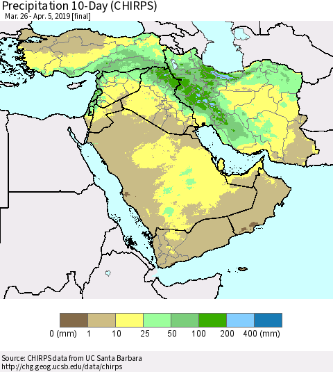 Middle East and Turkey Precipitation 10-Day (CHIRPS) Thematic Map For 3/26/2019 - 4/5/2019